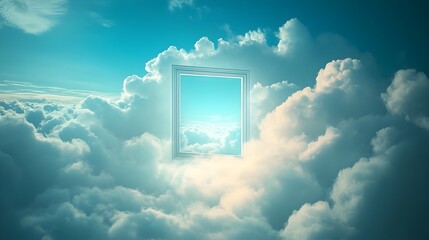 Poster - A conceptual and surreal digital artwork depicting a floating window suspended in an ethereal sky surrounded by wispy cloud like formations offering ample copy space for design or text overlays