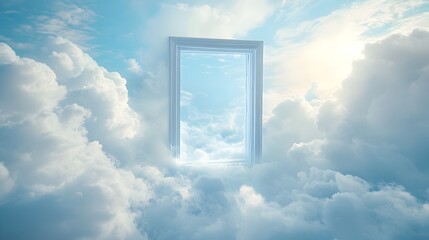 Poster - A conceptual image of a floating transparent window frame suspended amidst a serene sky filled with wispy fluffy clouds creating a sense of boundless space and wonder