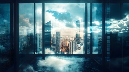 Poster - A conceptual and surreal digital art image depicting a window reflecting a distorted cityscape with abstract and futuristic architectural elements