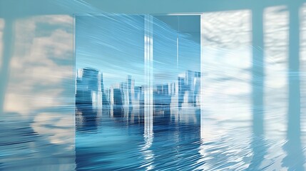 Poster - A conceptual digital art showcasing a window reflection that distorts and refracts the urban cityscape in a surreal abstract manner leaving ample copy space for design elements