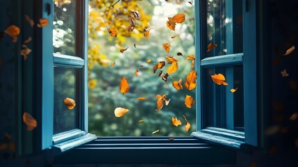 Poster - Conceptual image of an open window with leaves blowing inside creating a serene and calming atmosphere with ample copy space for design or use