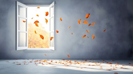 Poster - Open window with fresh green leaves blowing in natural breeze conceptual nature backdrop for copy space or text overlay  Clean airy and peaceful interior design concept with minimal design