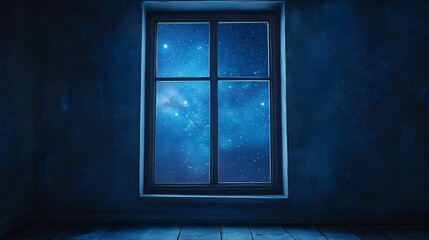 Poster - A conceptual minimalist image of a window without glass framing a tranquil starry night sky  The design creates a sense of open space and peaceful atmosphere with ample copyspace for text overlay
