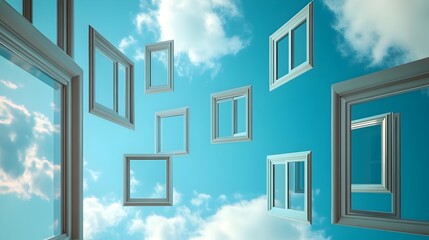 Poster - A conceptual image showcasing an abstract arrangement of multiple windows floating in a minimalist digital space composition  The windows are presented in a geometric futuristic layout