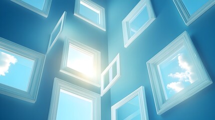 Poster - Floating windows suspended in a vast cosmic space creating a conceptual minimalist and futuristic architectural composition with ample copy space for design or text overlay