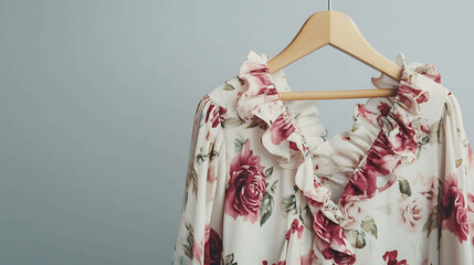 Sticker - A delicate floral blouse with a ruffled neckline hangs on a wooden hanger against a light blue background.