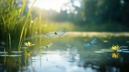 Wall Mural - Dragonflies Soaring Over a Tranquil Pond