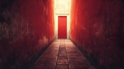 Poster - Conceptual image depicting a solitary doorway at the end of a long narrow corridor conveying a sense of transition opportunity and the potential for new discoveries or possibilities