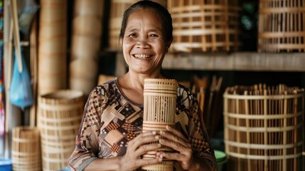 A woman is smiling and holding a basket