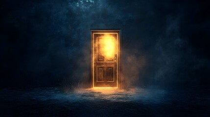 Poster - Glowing Doorway in Shadowy Realm Conceptual Digital Art Depicting a Mysterious Portal to an Otherworldly Dimension