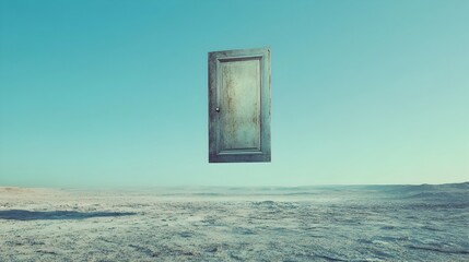 Poster - A conceptual image of a floating door suspended above the ground with nothing behind it inviting of the unknown and the boundaries of reality