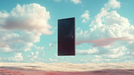 Poster - A conceptual image of a door suspended above the ground with nothing behind it