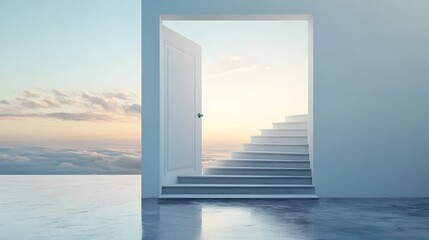 Poster - A conceptual and surreal image depicting a minimalist geometric doorway leading to an endless staircase creating a sense of mystery possibility and boundless potential