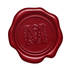 Red wax seal with embossed letter M monogram initial isolated on transparent background