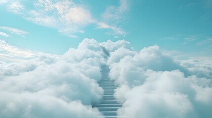 Poster - A conceptual image of a minimalist architectural staircase leading up into a cloudy ethereal sky representing the journey of opportunity  The clean