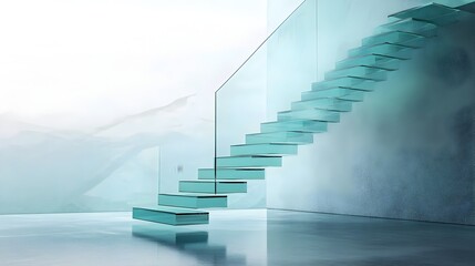 Poster - A conceptual architectural design featuring a staircase made entirely of glass suspended in mid air creating a visually striking and futuristic scene with ample copyspace