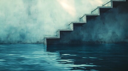 Poster - Conceptual architectural image of a minimalist staircase descending into a tranquil body of water
