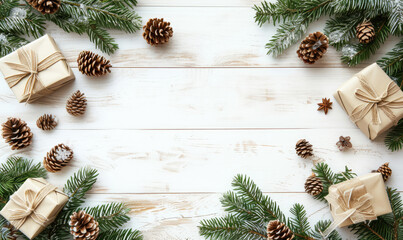 Christmas composition. Christmas fir tree branches, gifts, pine cones on wooden white rustic background. Flat lay, top view. Copy space. Banner backdrop