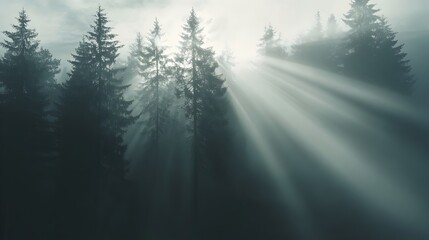 Wall Mural - Misty Forest Landscape with Sunbeams Breaking Through Trees