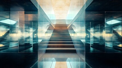 Poster - Conceptual image showcasing an infinite mirrored staircase creating a visually captivating recursive reflection effect  Architectural abstract design with a minimalist symmetrical