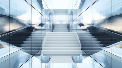 Poster - Infinite Reflections A conceptual image showcasing a staircase surrounded by mirrors creating an endless illusion of repeating and reflecting versions of the staircase  This surreal geometric