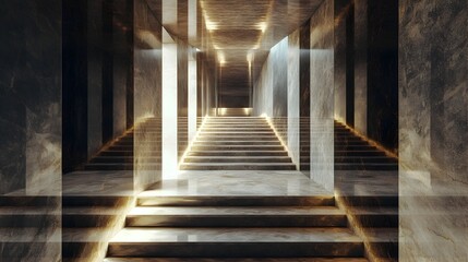 Poster - A conceptual image showcasing a staircase surrounded by mirrors creating an infinite reflection of the geometric structure  The repeating pattern and symmetrical design evoke a sense of depth
