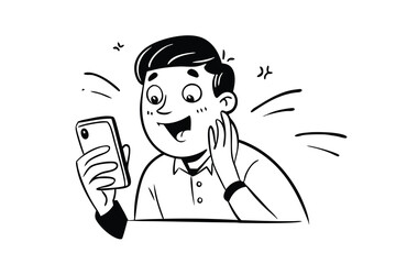 Hand drawn Close up photo of a happy young man at home using a mobile phone, looking at the mobile screen in surprise doodle flat vector illustration.