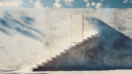 Poster - A conceptual abstract image depicting a minimalist staircase leading to a door suspended in mid air hinting at themes of progress growth and boundless possibilities  The clean