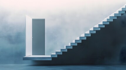 Poster - A conceptual image of a staircase leading to a door suspended in mid air providing a surreal and imaginative visual with ample copy space for design or messaging