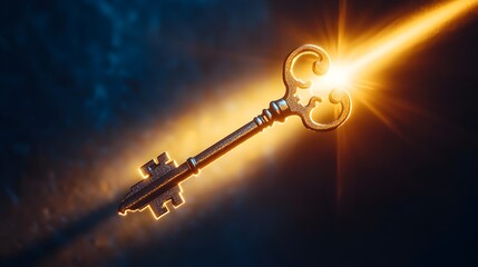 Poster - Conceptual of a key floating in a beam of light symbolizing unlocking new opportunities  The simple minimalist design creates a sense of wonder and possibility