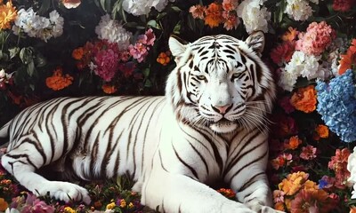 Fototapete - white tiger with flowers background