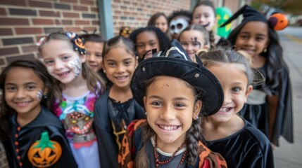 Portraits of cute smiling children dressed in Halloween costumes