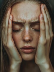 Aufkleber - A woman shows signs of distress with her hands on her head and eyes shut, conveying a deep sense of anxiety and pressure. Generative AI