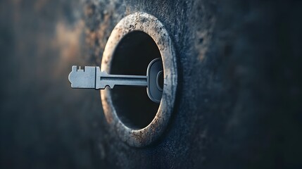 Poster - Unlocking Unique Opportunities   An abstract conceptual image depicting a key fitting into an unusual geometric keyhole
