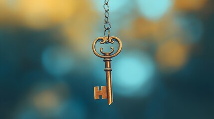 Poster - Conceptual image depicting a key hanging from an invisible thread symbolizing new ideas opportunities and innovative solutions  The clean