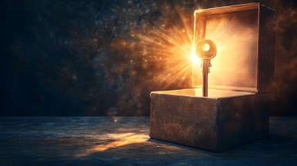 Poster - Conceptual image of a key unlocking a box with bright light radiating from within symbolizing the potential for opportunity discovery and transformative growth