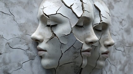 Poster - Fractured Reflections A Conceptual Image Exploring the Complexity and Duality of Identity Self Awareness and the Human Psyche Through a Cracked Mirror and Multiple Overlapping Faces