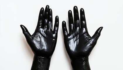 Two black latex gloves placed on a white background, suggesting cleanliness or protection.