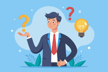 Poster - Question and answer, q and a or solution to solve problem, FAQ frequently asked question, help or creative thinking idea concept, smart businessman holding question mark sign and lightbulb solution.