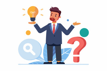 Poster - Question and answer, q and a or solution to solve problem, FAQ frequently asked question, help or creative thinking idea concept, smart businessman holding question mark sign and lightbulb solution.