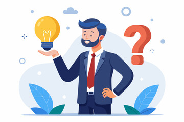 Poster - Question and answer, q and a or solution to solve problem, FAQ frequently asked question, help or creative thinking idea concept, smart businessman holding question mark sign and lightbulb solution.