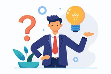 Poster - Question and answer, q and a or solution to solve problem, FAQ frequently asked question, help or creative thinking idea concept, smart businessman holding question mark sign and lightbulb solution.