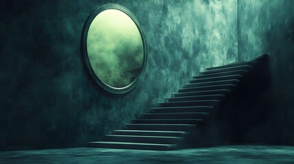 Poster - A conceptual and surreal architectural design featuring a mirrored staircase with a glowing luminous reflection creating a sense of depth mystery and potential for discovery