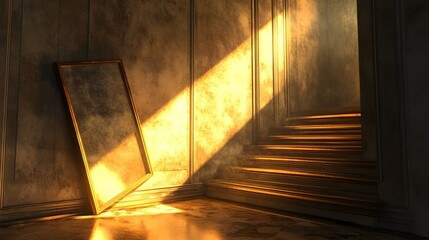 Poster - Conceptual image of a glowing luminous staircase reflected in a serene mirrored backdrop creating a surreal dreamlike and futuristic scene for design templates mockups and backgrounds