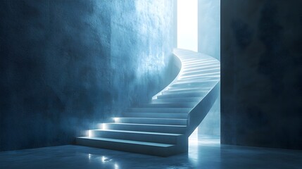 Poster - Glowing Mirrored Staircase   Abstract Conceptual Reflection in Digital Artwork with Futuristic Ethereal and Surreal Design Elements