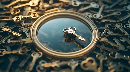 Poster - A conceptual image of a mirror surrounded by floating keys creating a surreal and thought provoking visual metaphor for unlocking new perspectives opportunities and personal growth