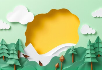 Paper cut-out landscape with sun, clouds, mountains, forest, and birds.