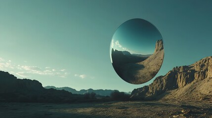 Poster - Conceptual image of a floating mirror reflecting a surreal landscape in mid air creating an ethereal dream like atmosphere with a sense of wonder and mystery