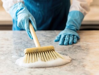 A detailed image of someone performing deep cleaning on a heavily stained surface using a scrub brush and strong cleaning agents