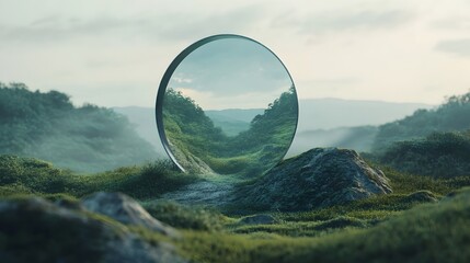 Poster - A conceptual image of a mirror floating in mid air reflecting a surreal dreamlike landscape with copy space for text or design  The mirror creates an illusion of depth and a mystical